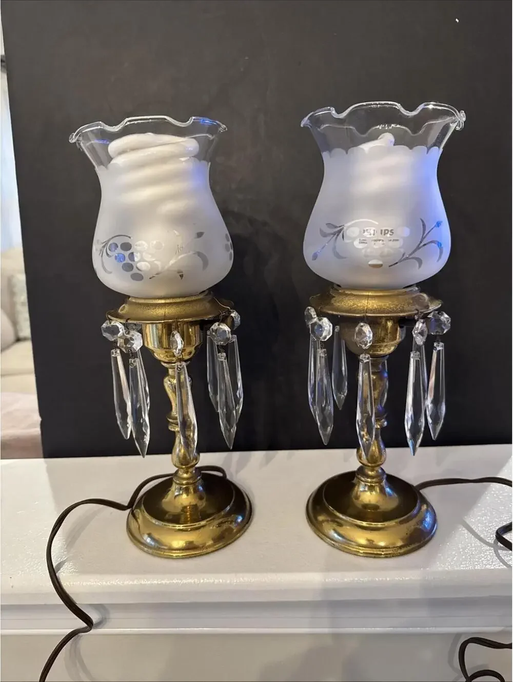 VTG MCM Pair of Electrified Boudoir Brass Hurricane Lamps With Hanging Crystals